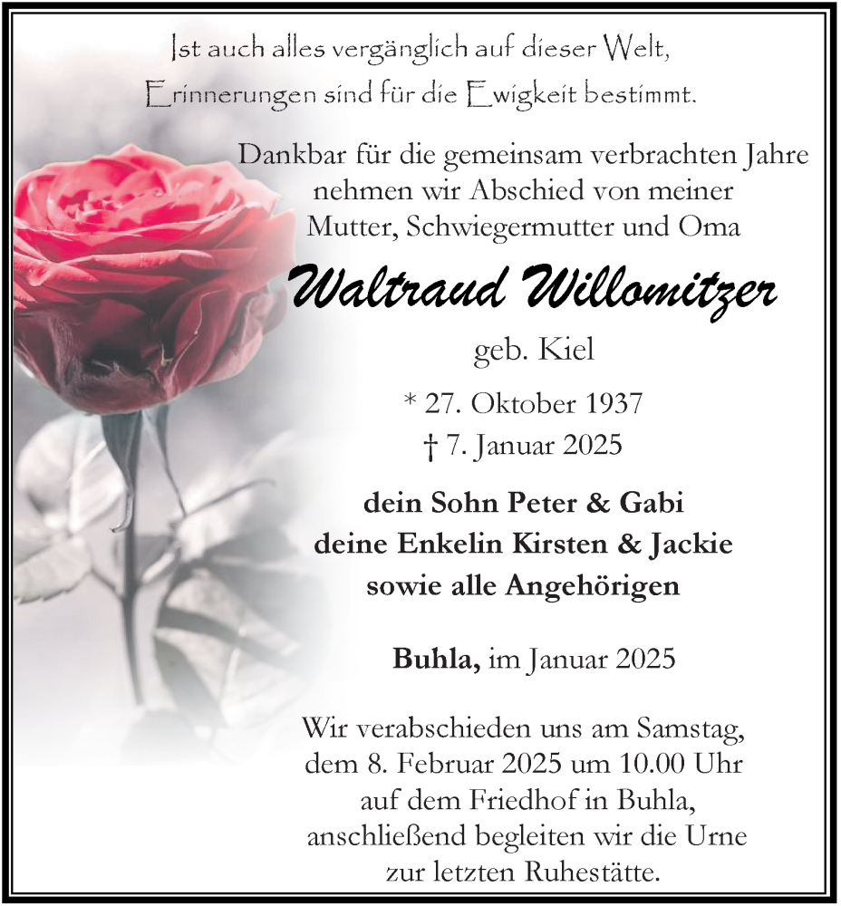  Traueranzeige für Waltraud Willomitzer vom 01.02.2025 aus Thüringer Allgemeine