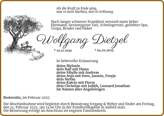 Traueranzeige von Wolfgang Dietzel von Ostthüringer Zeitung