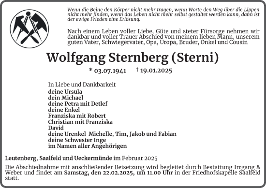 Traueranzeige von Wolfgang Sternberg von Ostthüringer Zeitung