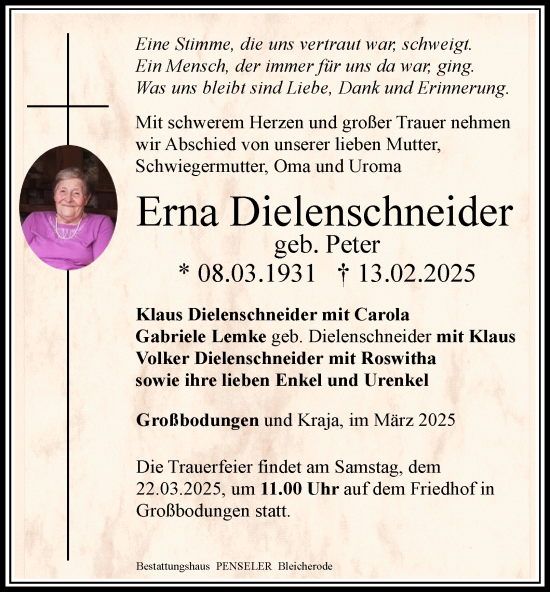 Traueranzeige von Erna Dielenschneider von TA, TLZ