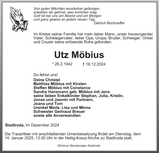 Traueranzeige von Utz Möbius von OTZ