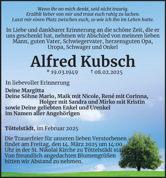 Traueranzeige von Alfred Kubsch von Thüringer Allgemeine, Thüringische Landeszeitung