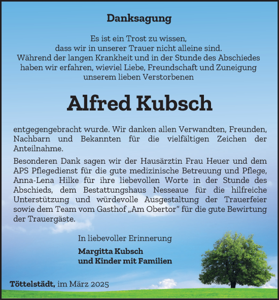 Traueranzeige von Alfred Kubsch von Thüringer Allgemeine, Thüringische Landeszeitung