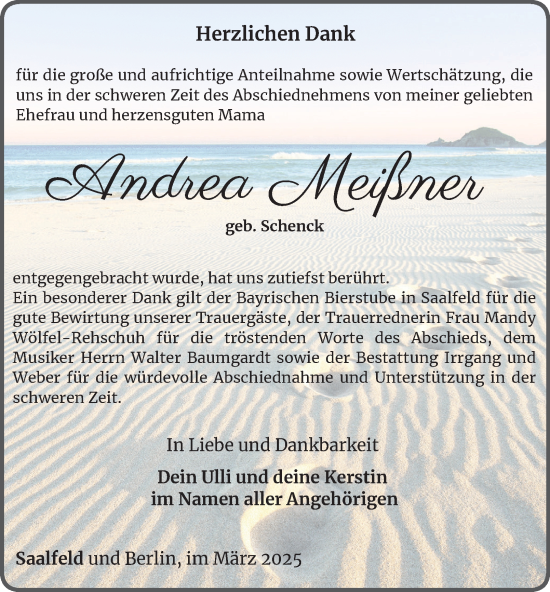 Traueranzeige von Andrea Meißner von Ostthüringer Zeitung