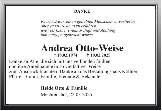 Traueranzeige von Andrea Otto-Weise von Thüringer Allgemeine, Thüringische Landeszeitung