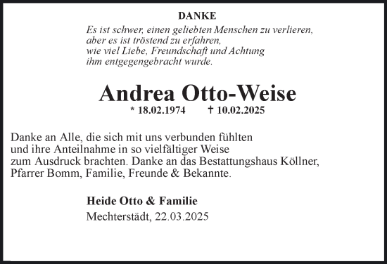 Traueranzeige von Andrea Otto-Weise von Thüringer Allgemeine, Thüringische Landeszeitung