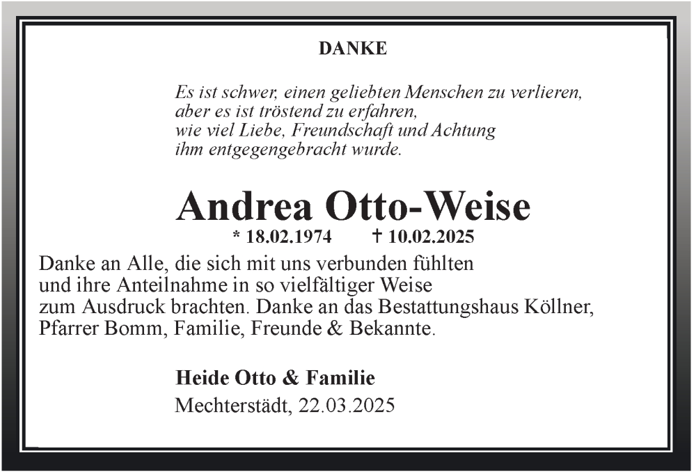  Traueranzeige für Andrea Otto-Weise vom 22.03.2025 aus Thüringer Allgemeine, Thüringische Landeszeitung