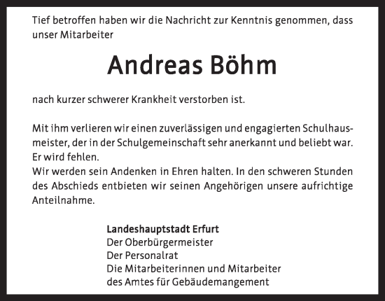 Traueranzeige von Andreas Böhm von Thüringer Allgemeine, Thüringische Landeszeitung