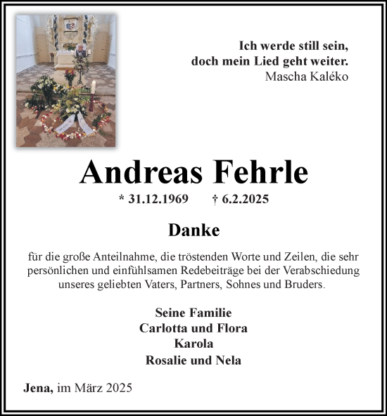 Traueranzeige von Andreas Fehrle von Ostthüringer Zeitung, Thüringische Landeszeitung