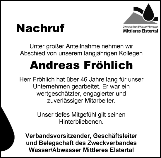 Traueranzeige von Andreas Fröhlich von Ostthüringer Zeitung