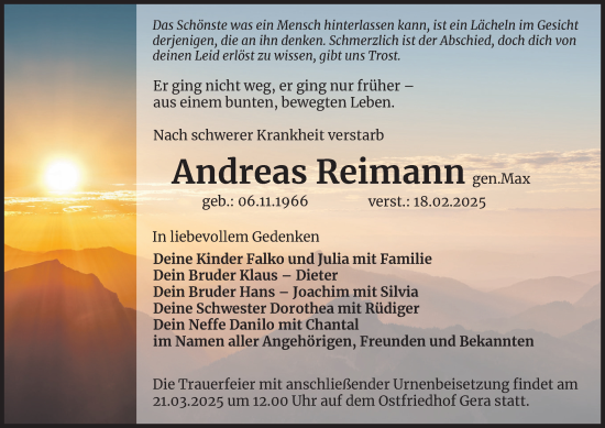 Traueranzeige von Andreas Reimann von Ostthüringer Zeitung