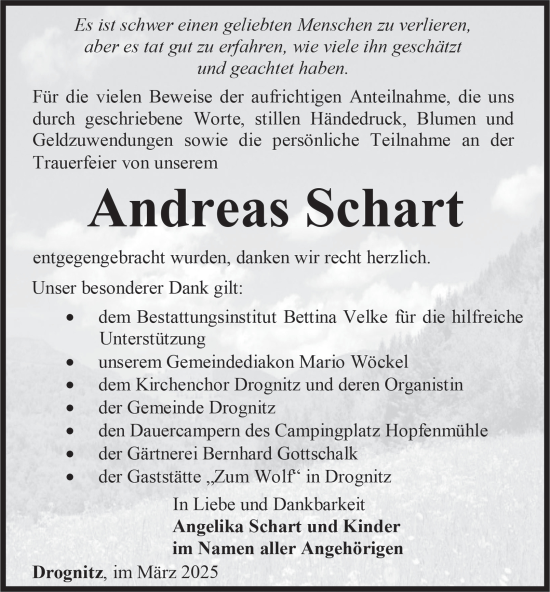 Traueranzeige von Andreas Schart von Ostthüringer Zeitung