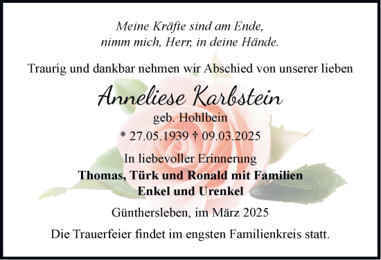 Traueranzeige von Anneliese Karbstein von Thüringer Allgemeine, Thüringische Landeszeitung
