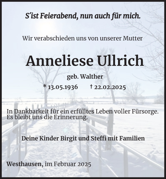 Traueranzeige von Anneliese Ullrich von Thüringer Allgemeine, Thüringische Landeszeitung