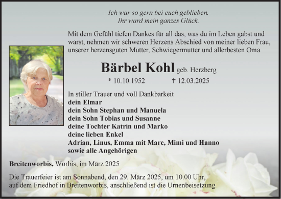 Traueranzeige von Bärbel Kohl von Thüringer Allgemeine