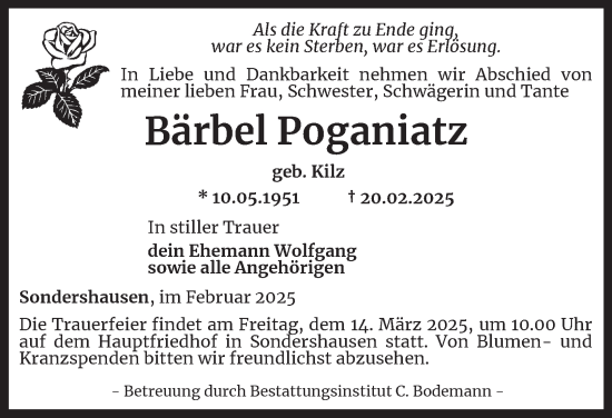 Traueranzeige von Bärbel Poganiatz
