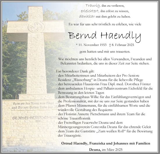 Traueranzeige von Bernd Haendly von Thüringer Allgemeine