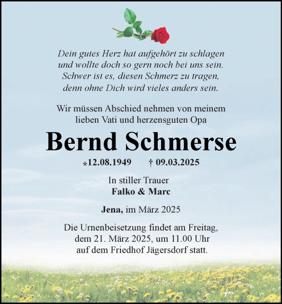 Traueranzeige von Bernd Schmerse von Ostthüringer Zeitung