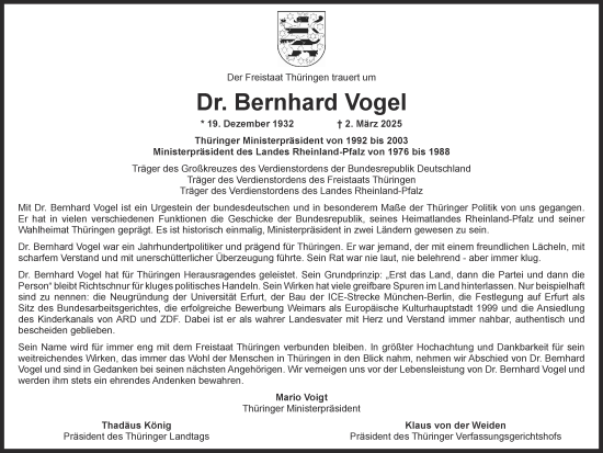 Traueranzeige von Bernhard Vogel von Thüringer Allgemeine, Thüringische Landeszeitung
