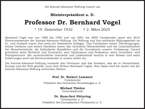 Traueranzeige von Bernhard Vogel von Thüringer Allgemeine, Thüringische Landeszeitung