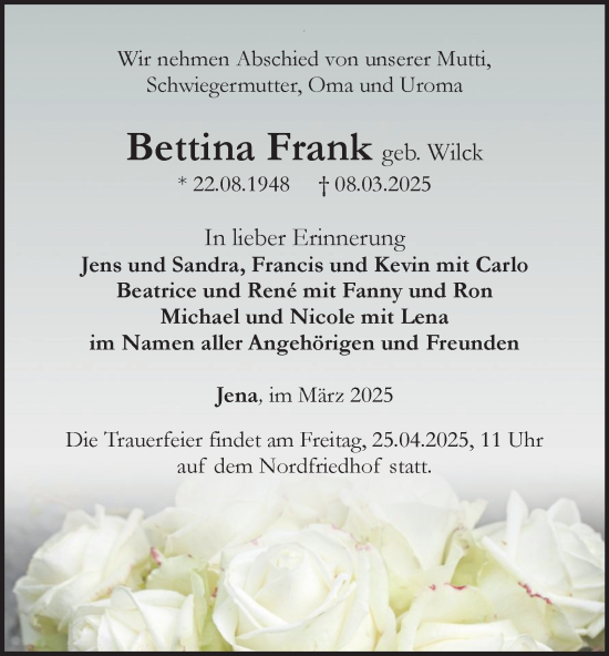 Traueranzeige von Bettina Frank von Ostthüringer Zeitung, Thüringische Landeszeitung