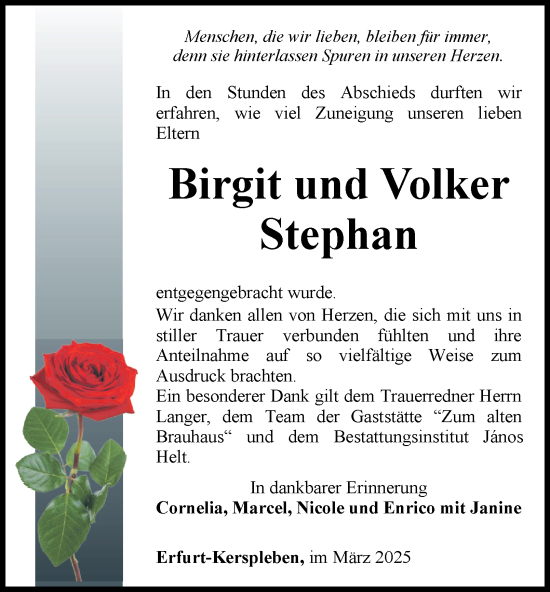 Traueranzeige von Birgit und Volker Stephan von Thüringer Allgemeine, Thüringische Landeszeitung