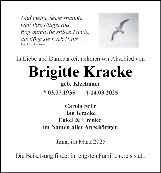 Traueranzeige von Brigitte Kracke von Ostthüringer Zeitung, Thüringische Landeszeitung