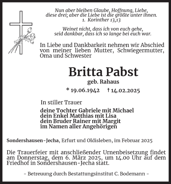 Traueranzeige von Britta Pabst
