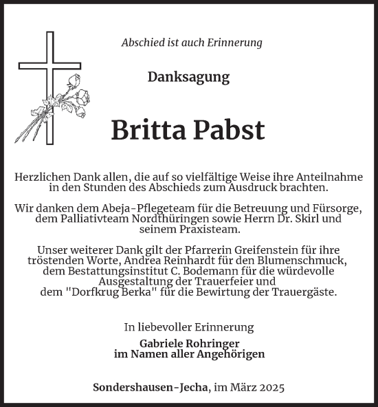 Traueranzeige von Britta Pabst