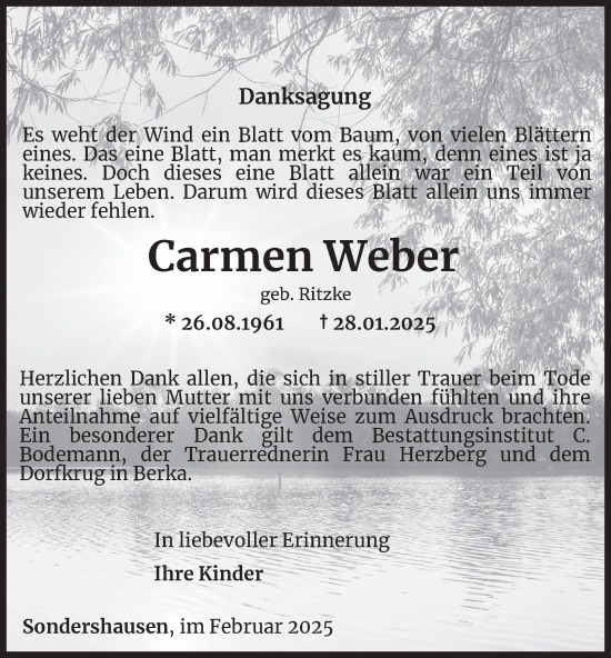 Traueranzeige von Carmen Weber von Thüringer Allgemeine