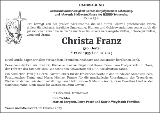 Traueranzeige von Christa Franz von Ostthüringer Zeitung