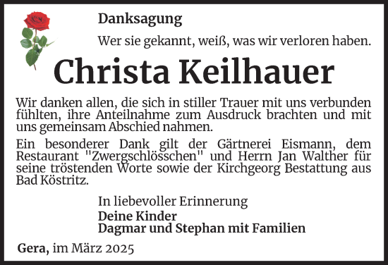 Traueranzeige von Christa Keilhauer von Ostthüringer Zeitung