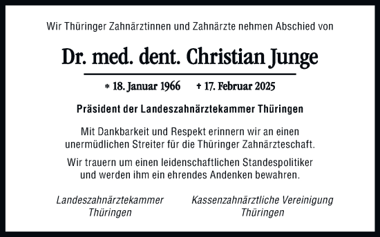 Traueranzeige von Christian Junge von Thüringer Allgemeine, Thüringische Landeszeitung