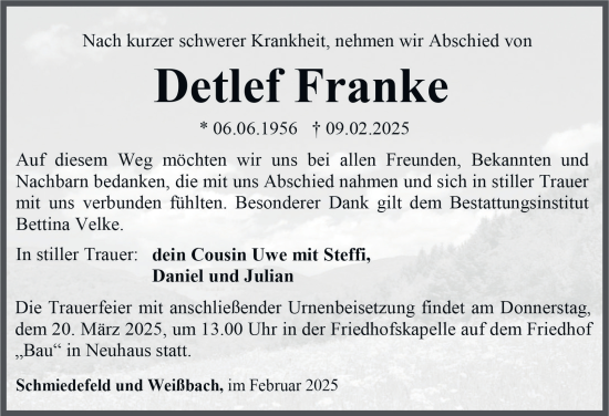 Traueranzeige von Detlef Franke von Ostthüringer Zeitung