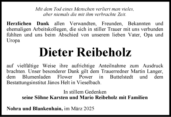 Traueranzeige von Dieter Reibeholz von Thüringer Allgemeine, Thüringische Landeszeitung