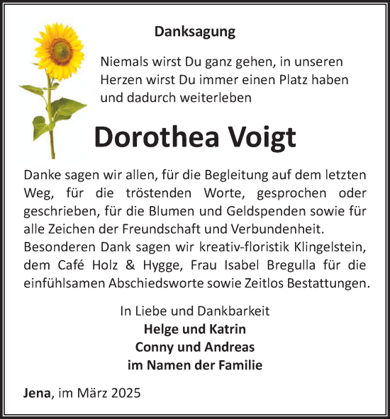 Traueranzeige von Dorothea Voigt von Ostthüringer Zeitung, Thüringische Landeszeitung