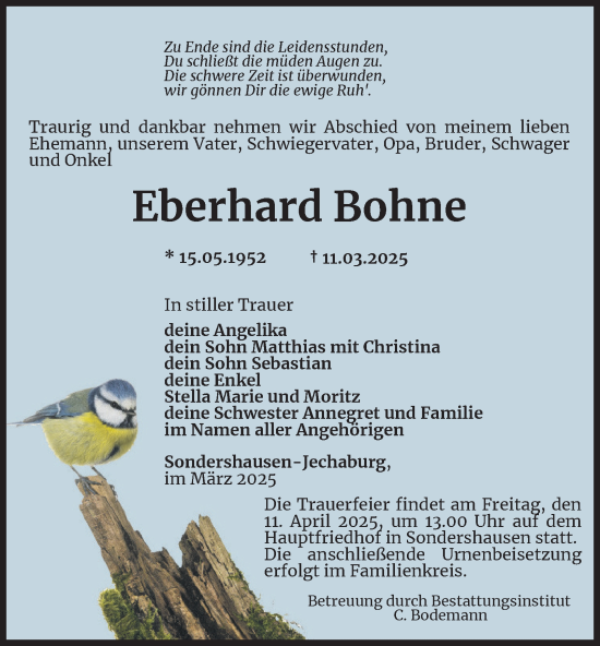 Traueranzeige von Eberhard Bohne