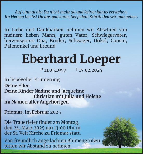 Traueranzeige von Eberhard Loeper von Thüringer Allgemeine, Thüringische Landeszeitung
