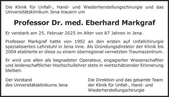 Traueranzeige von Eberhard Markgraf von Ostthüringer Zeitung, Thüringische Landeszeitung