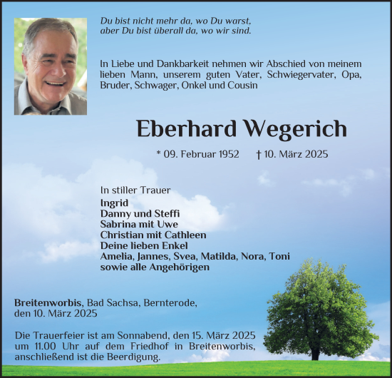 Traueranzeige von Eberhard Wegerich von Thüringer Allgemeine