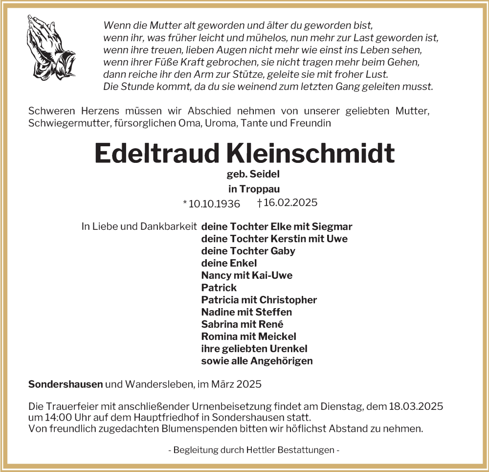  Traueranzeige für Edeltraud Kleinschmidt vom 08.03.2025 aus Thüringer Allgemeine