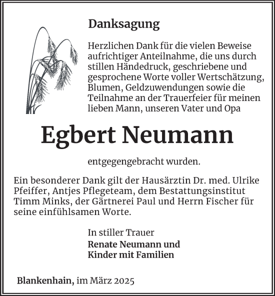Traueranzeige von Egbert Neumann von Thüringer Allgemeine, Thüringische Landeszeitung