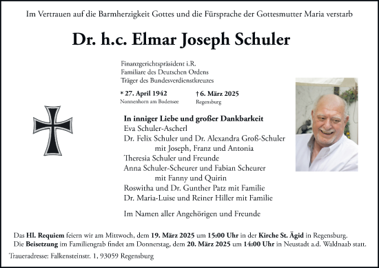 Traueranzeige von Elmar Joseph Schuler von Thüringer Allgemeine, Thüringische Landeszeitung