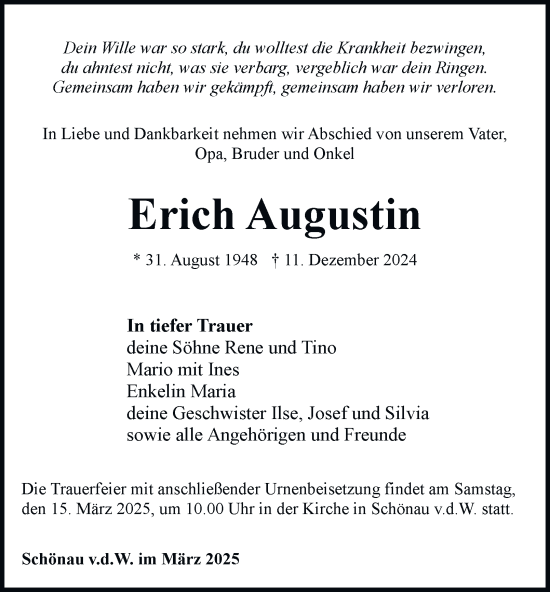 Traueranzeige von Erich Augustin von Thüringer Allgemeine, Thüringische Landeszeitung