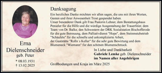 Traueranzeige von Erna Dielenschneider von Thüringer Allgemeine