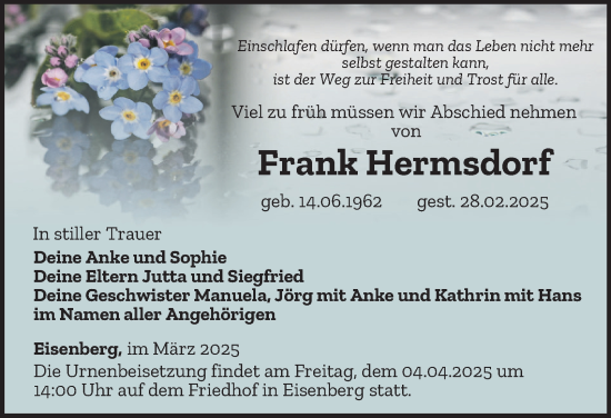 Traueranzeige von Frank Hermsdorf
