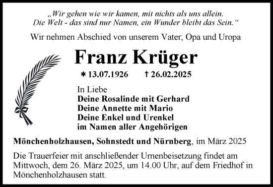Traueranzeige von Franz Krüger von Thüringer Allgemeine, Thüringische Landeszeitung