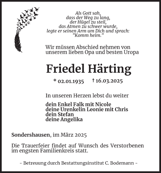 Traueranzeige von Friedel Härting