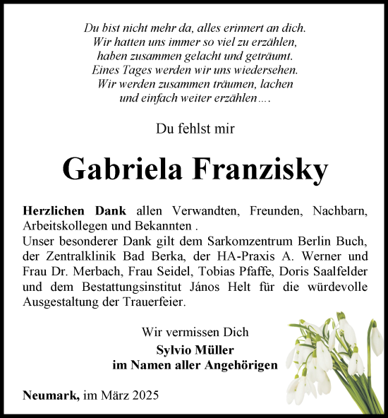 Traueranzeige von Gabriela Franzisky von Thüringer Allgemeine, Thüringische Landeszeitung