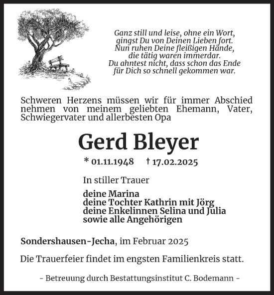 Traueranzeige von Gerd Bleyer